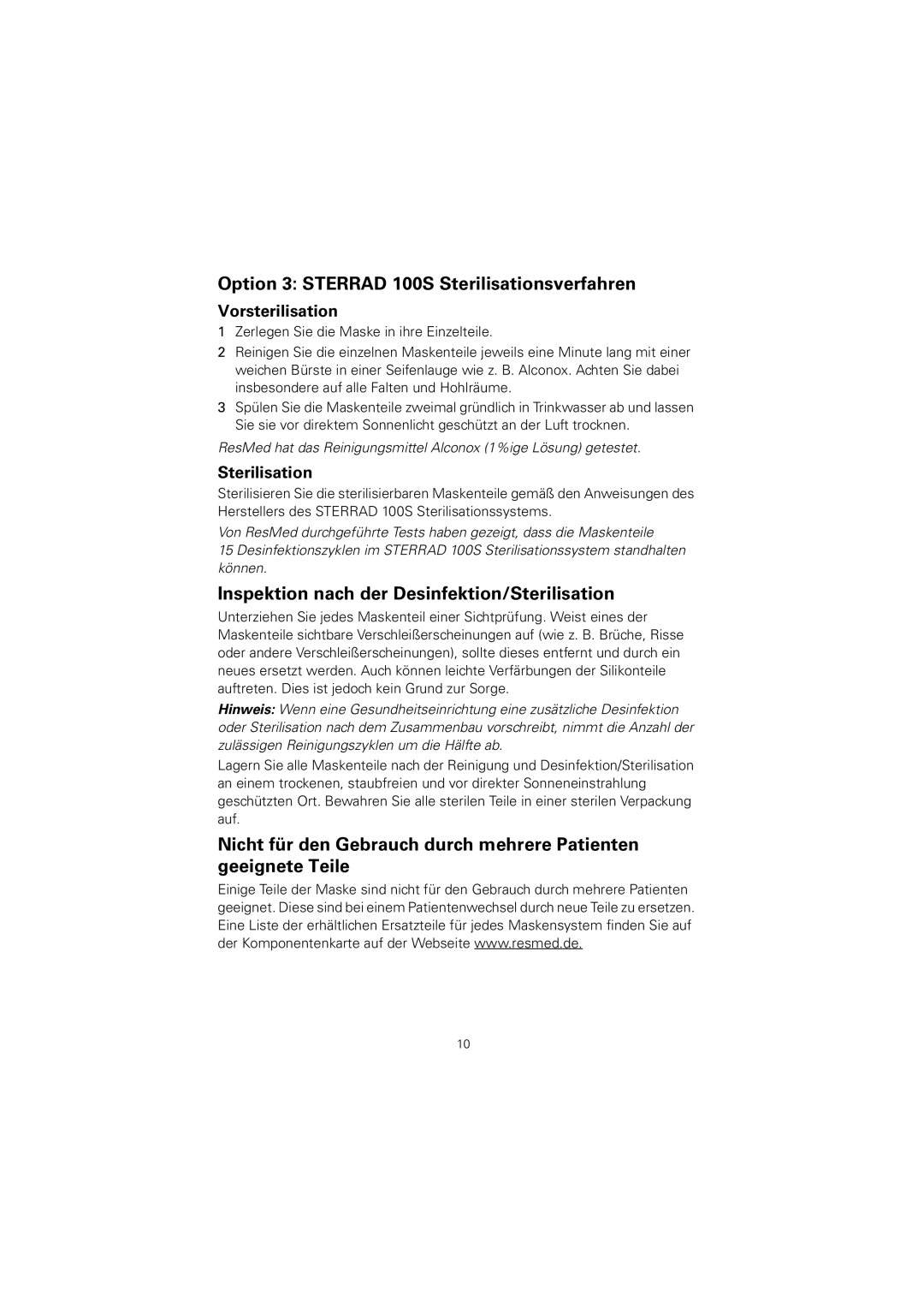 ResMed 608133/1 manual Option 3 Sterrad 100S Sterilisationsverfahren, Inspektion nach der Desinfektion/Sterilisation 