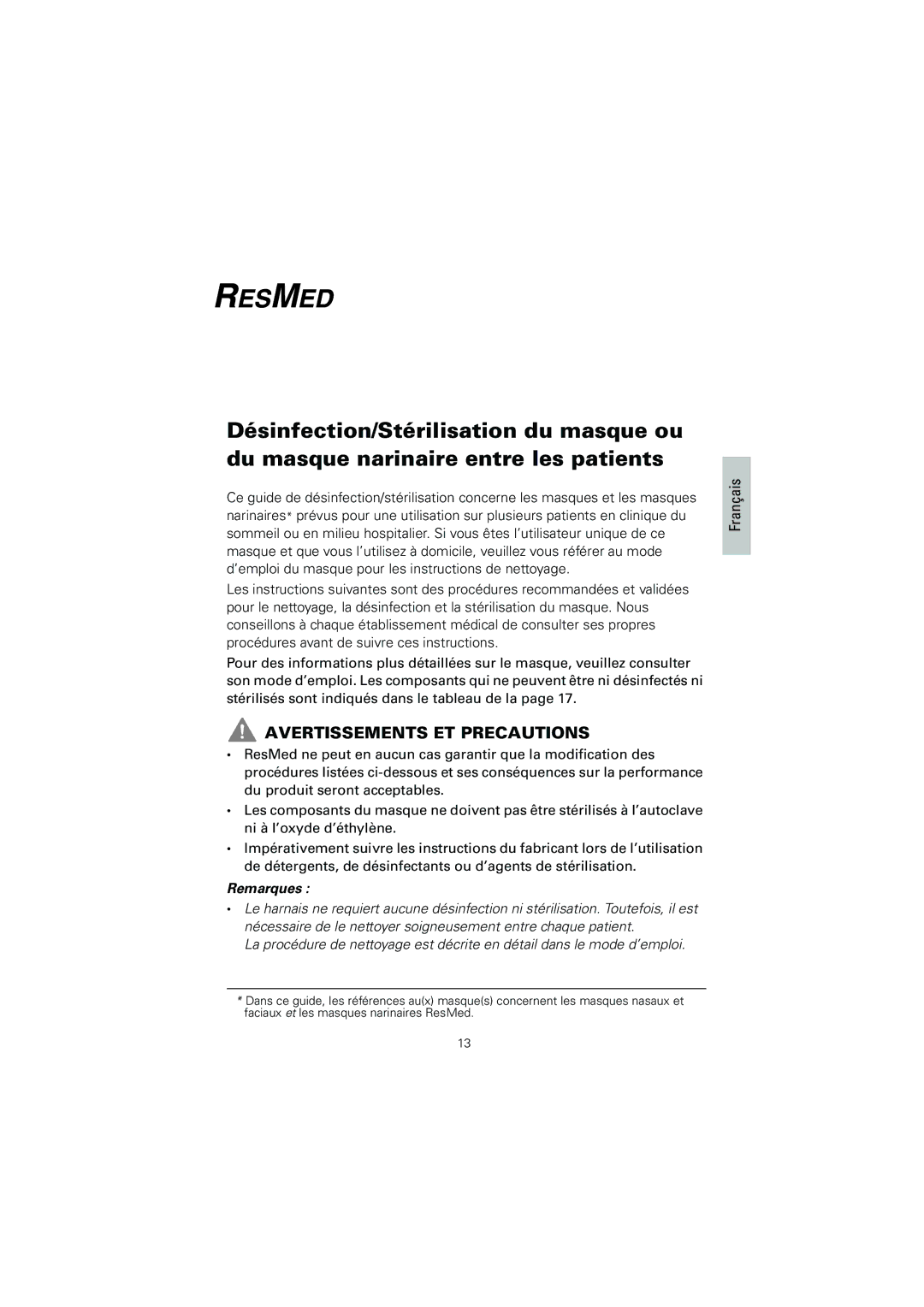 ResMed 608133/1 manual Avertissements ET Precautions, Français 