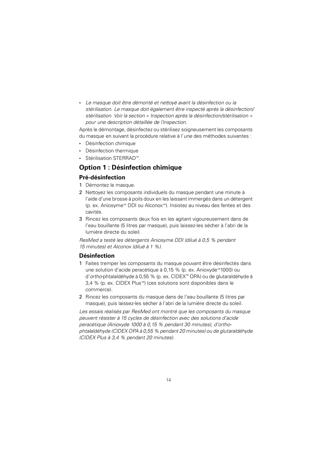 ResMed 608133/1 manual Option 1 Désinfection chimique, Pré-désinfection 