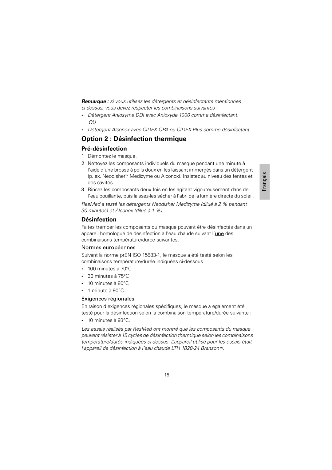 ResMed 608133/1 manual Option 2 Désinfection thermique, Normes européennes, Exigences régionales 