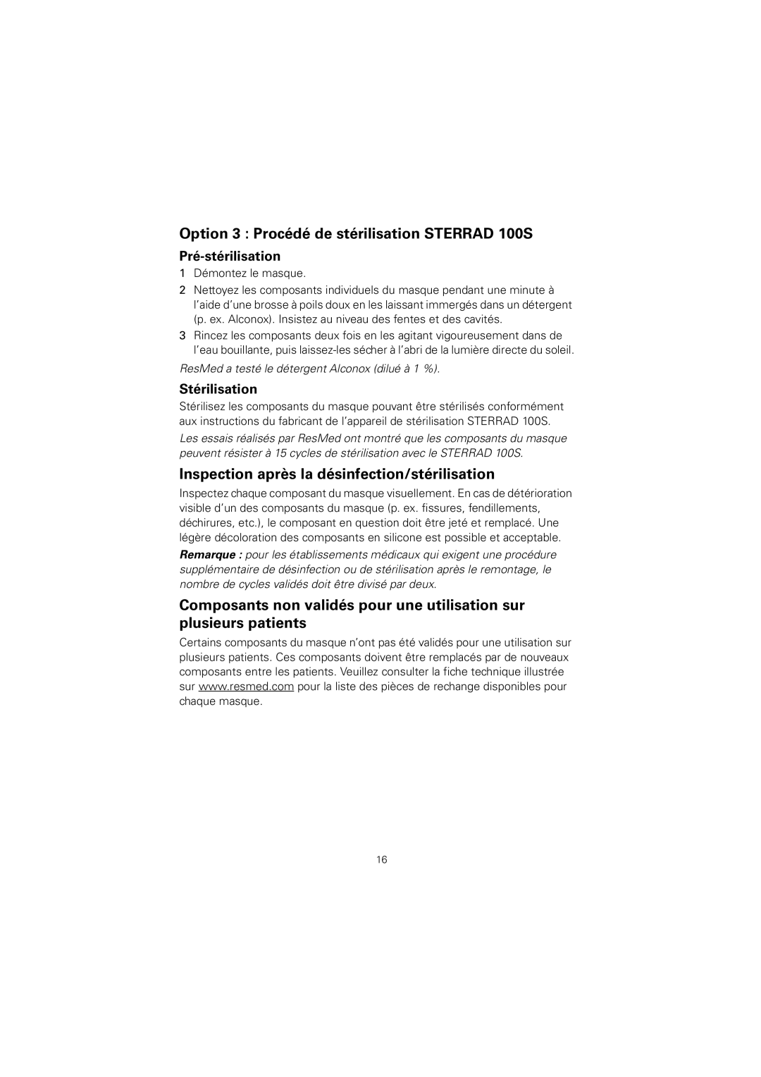 ResMed 608133/1 manual Option 3 Procédé de stérilisation Sterrad 100S, Inspection après la désinfection/stérilisation 