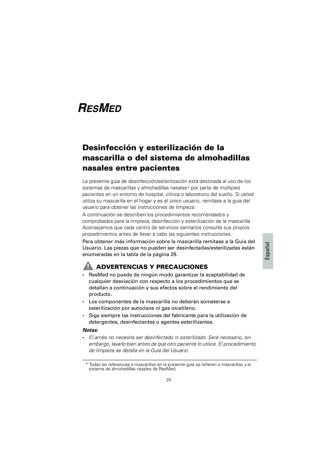 ResMed 608133/1 manual Advertencias Y Precauciones, Español 