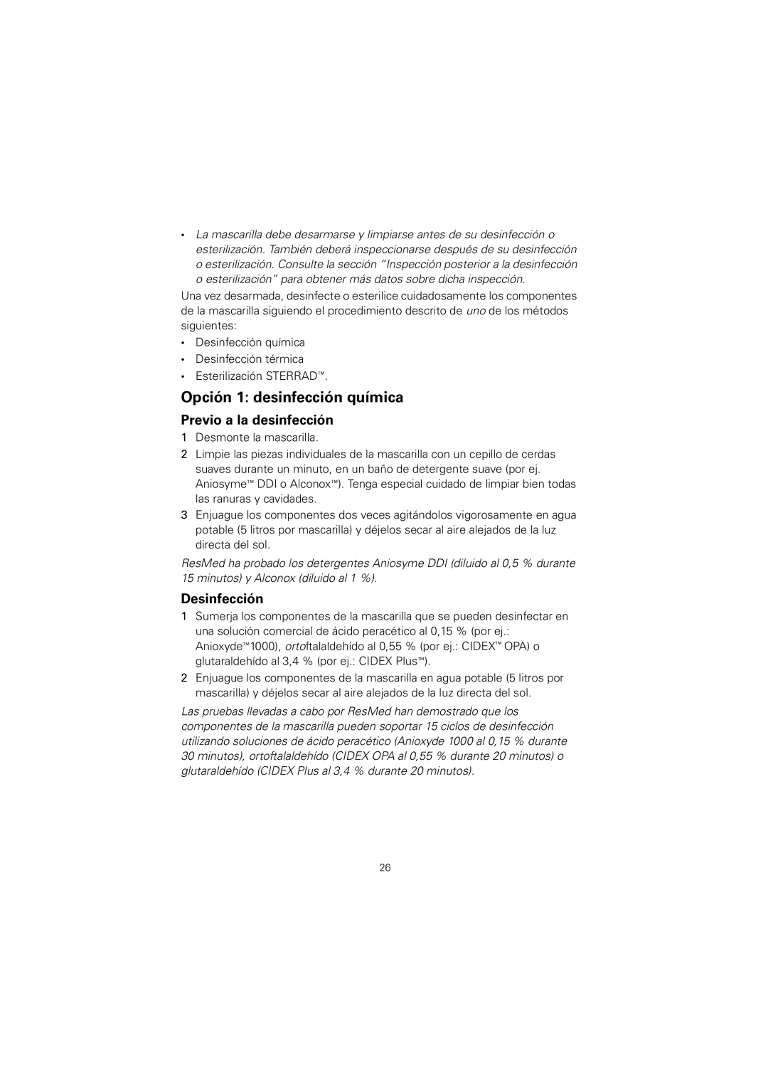 ResMed 608133/1 manual Opción 1 desinfección química, Previo a la desinfección, Desinfección 