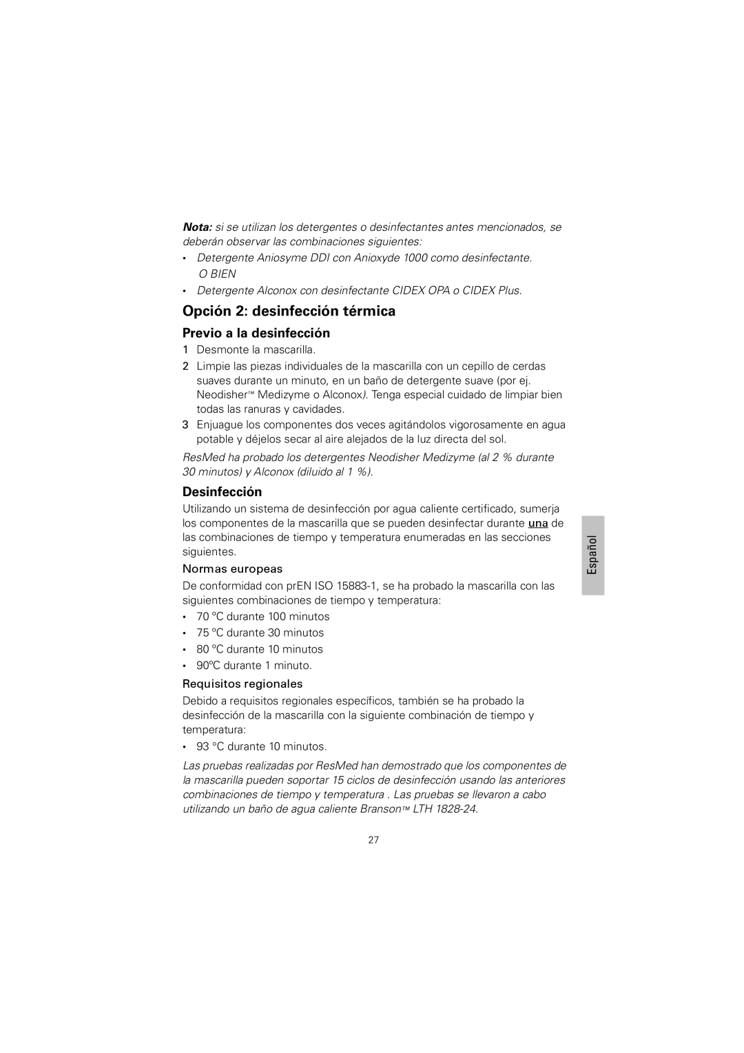 ResMed 608133/1 manual Opción 2 desinfección térmica, Normas europeas, Requisitos regionales 