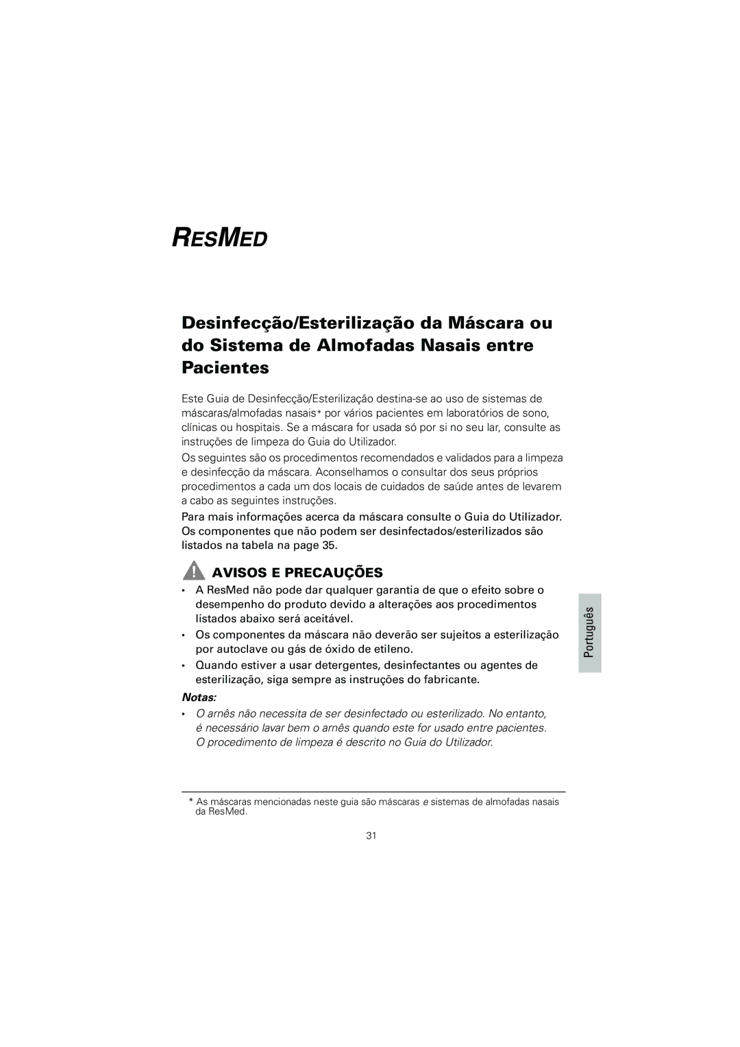 ResMed 608133/1 manual Avisos E Precauções, Português 