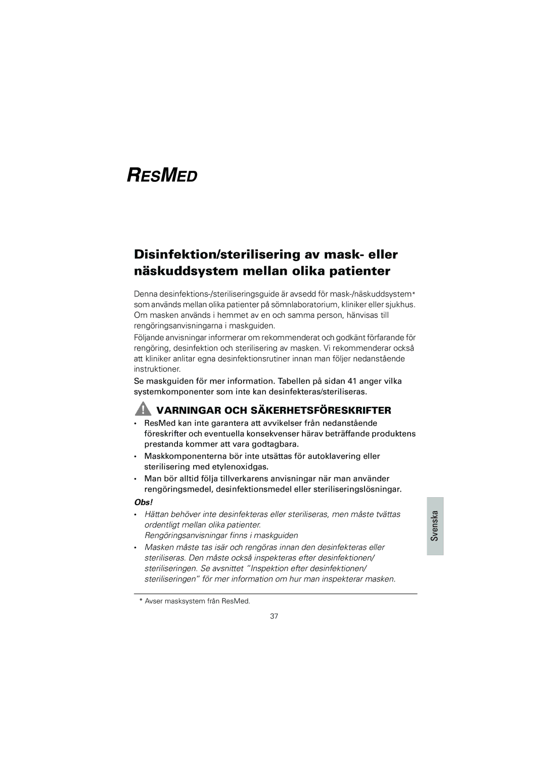 ResMed 608133/1 manual Varningar OCH Säkerhetsföreskrifter, Svenska 