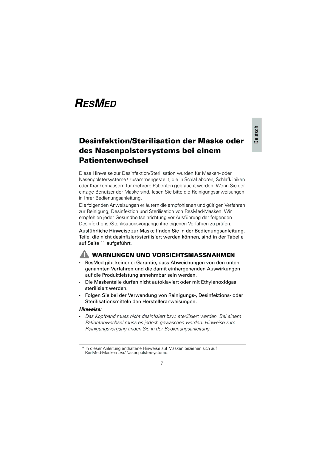 ResMed 608133/1 manual Warnungen UND Vorsichtsmassnahmen, Deutsch 