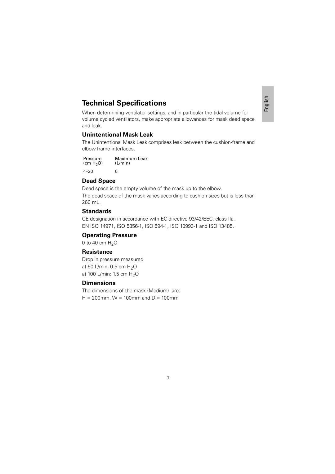 ResMed 608140/20611 manual Technical Specifications 