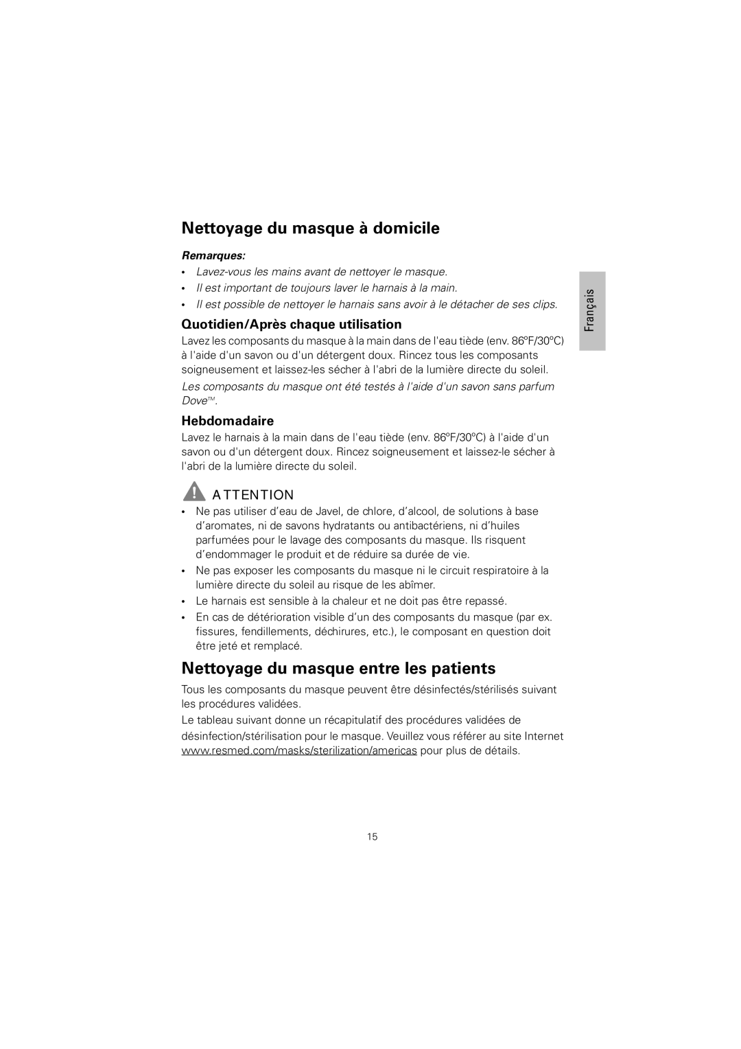 ResMed 608140/20611 manual Nettoyage du masque à domicile, Nettoyage du masque entre les patients, Hebdomadaire 