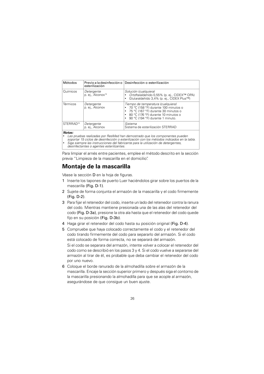 ResMed 608140/20611 manual Montaje de la mascarilla, Detergente Solución cualquiera 