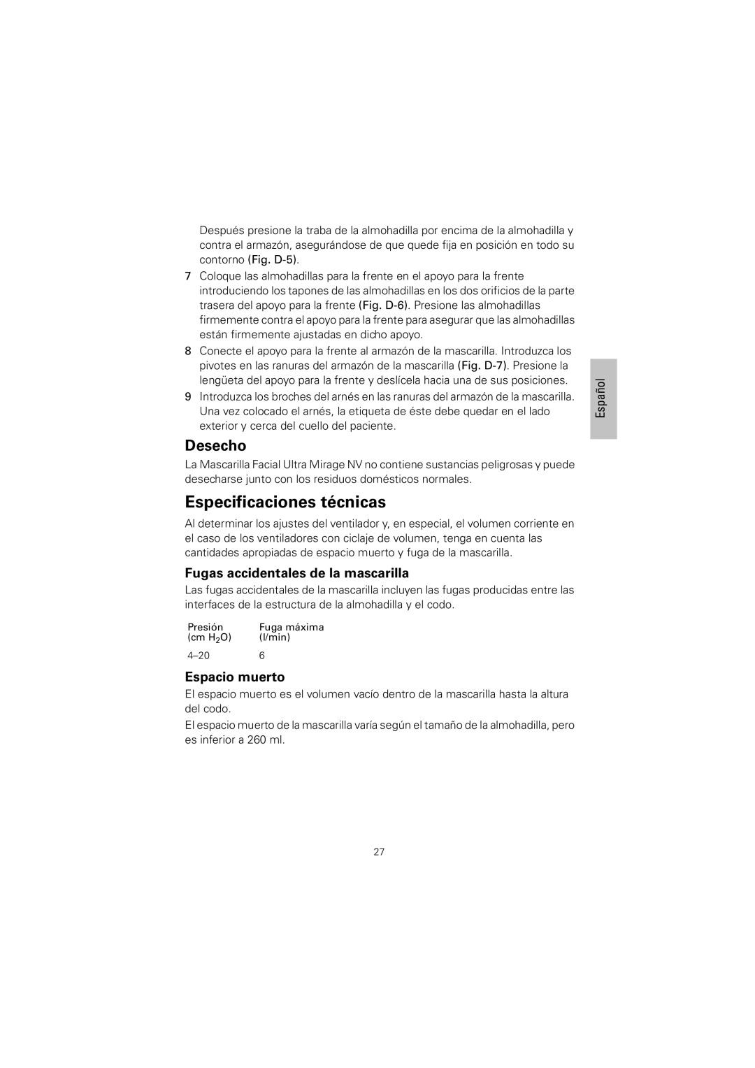 ResMed 608140/20611 manual Especificaciones técnicas, Fugas accidentales de la mascarilla, Espacio muerto 