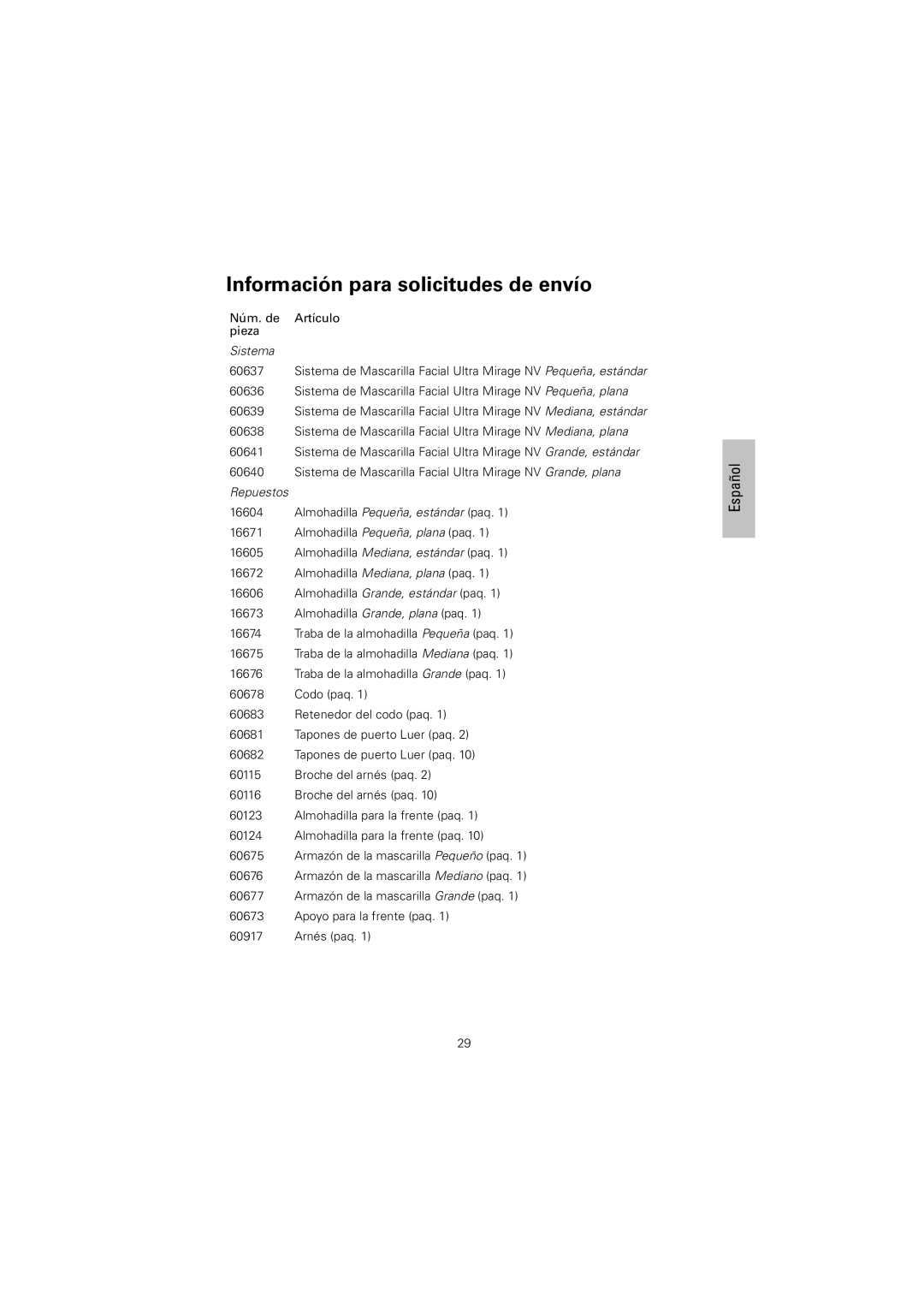 ResMed 608140/20611 manual Información para solicitudes de envío, Sistema 