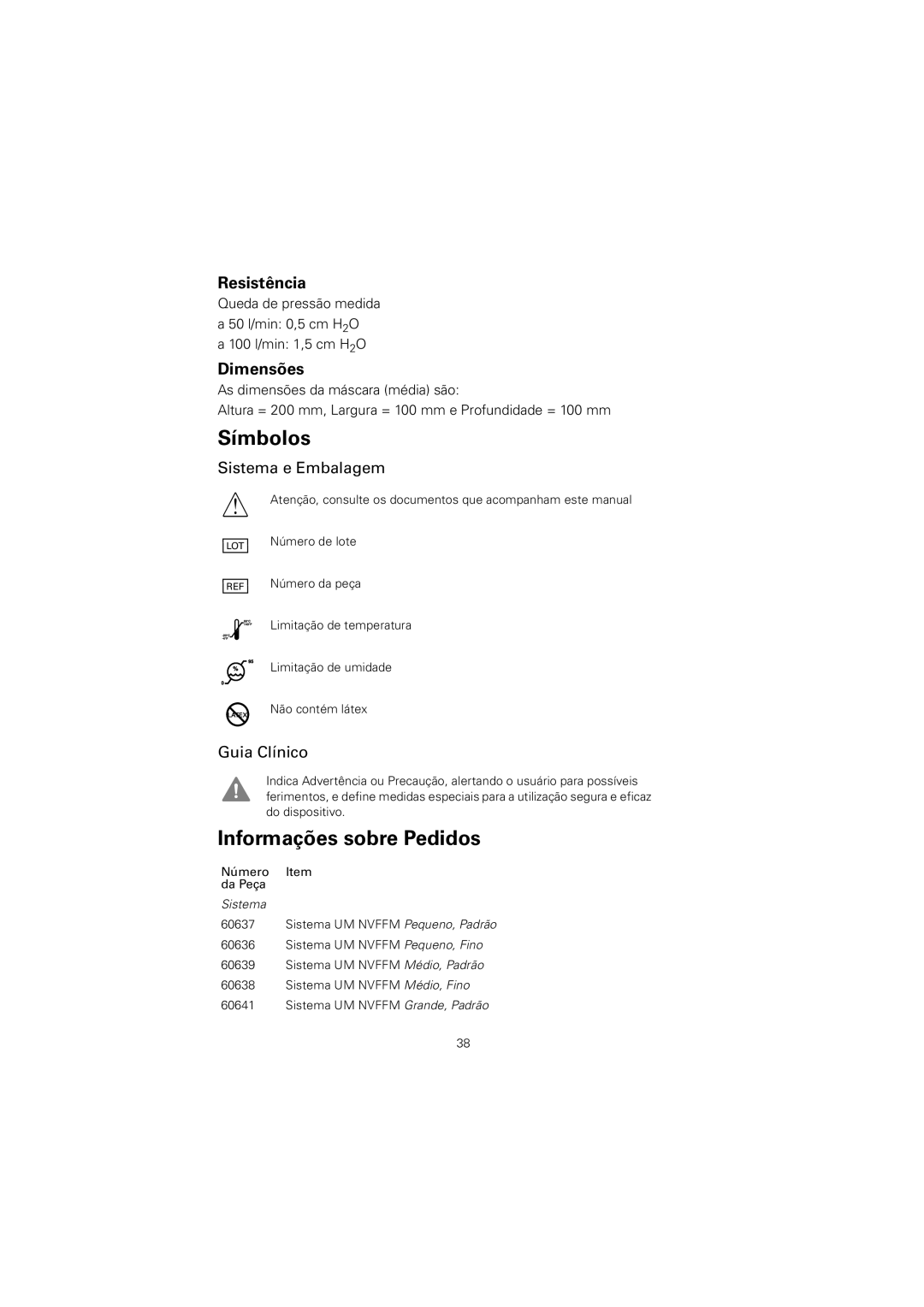 ResMed 608140/20611 manual Informações sobre Pedidos, Resistência, Dimensões 