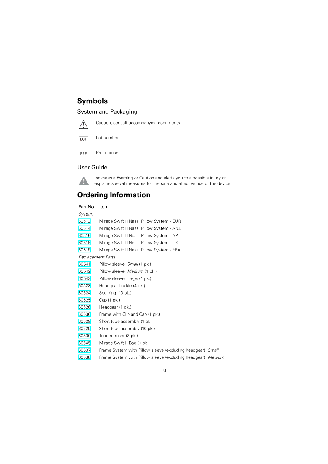 ResMed 60891/1 manual Symbols, Ordering Information 