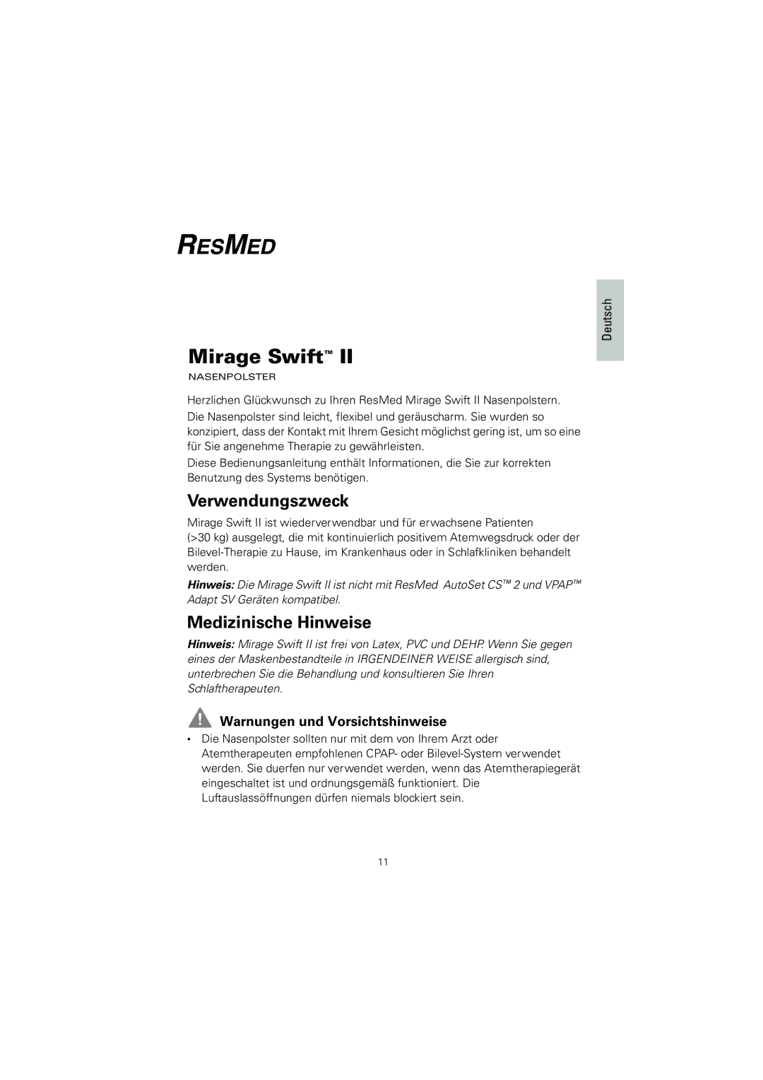 ResMed 60891/1 manual Verwendungszweck, Medizinische Hinweise, Warnungen und Vorsichtshinweise 