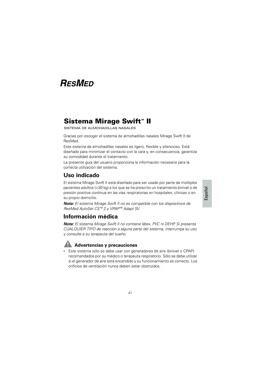 ResMed 60891/1 manual Uso indicado, Información médica, Advertencias y precauciones 