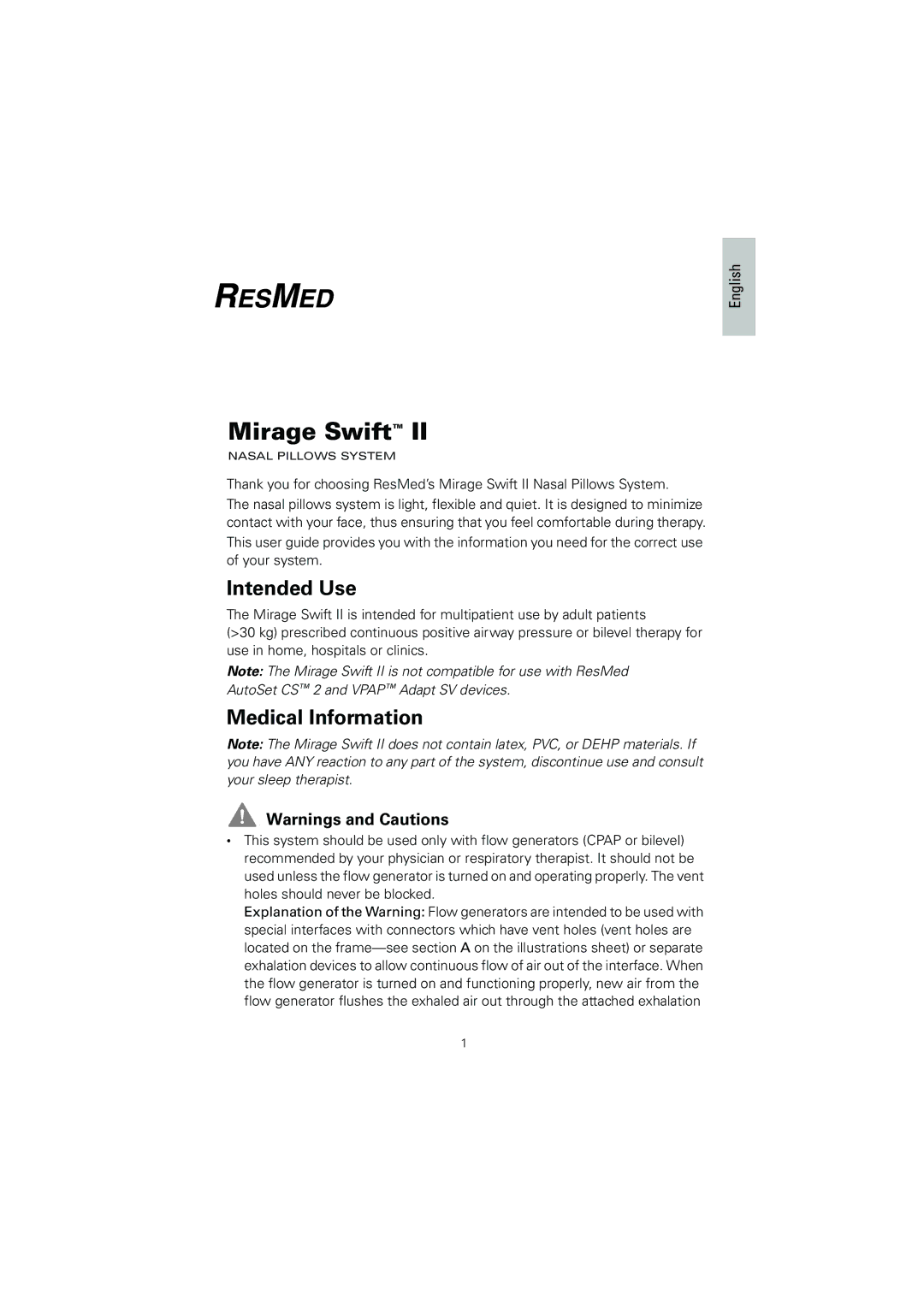 ResMed 60891/1 manual Intended Use, Medical Information 