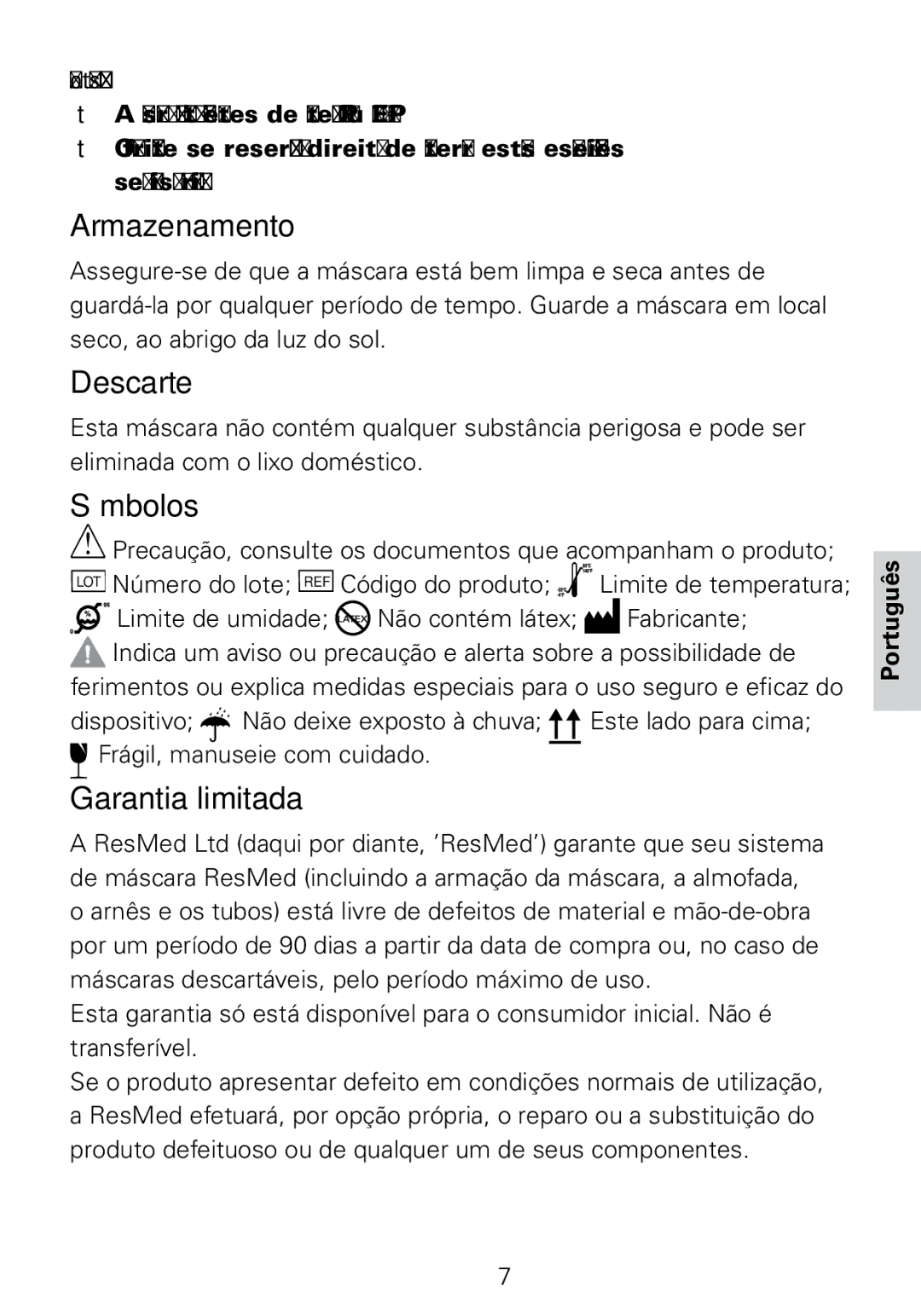 ResMed 61512, 61522, 61513, 61530, 61514, 61510 (XS), 61511, 61500, 61521 Armazenamento, Descarte, Símbolos, Garantia limitada 