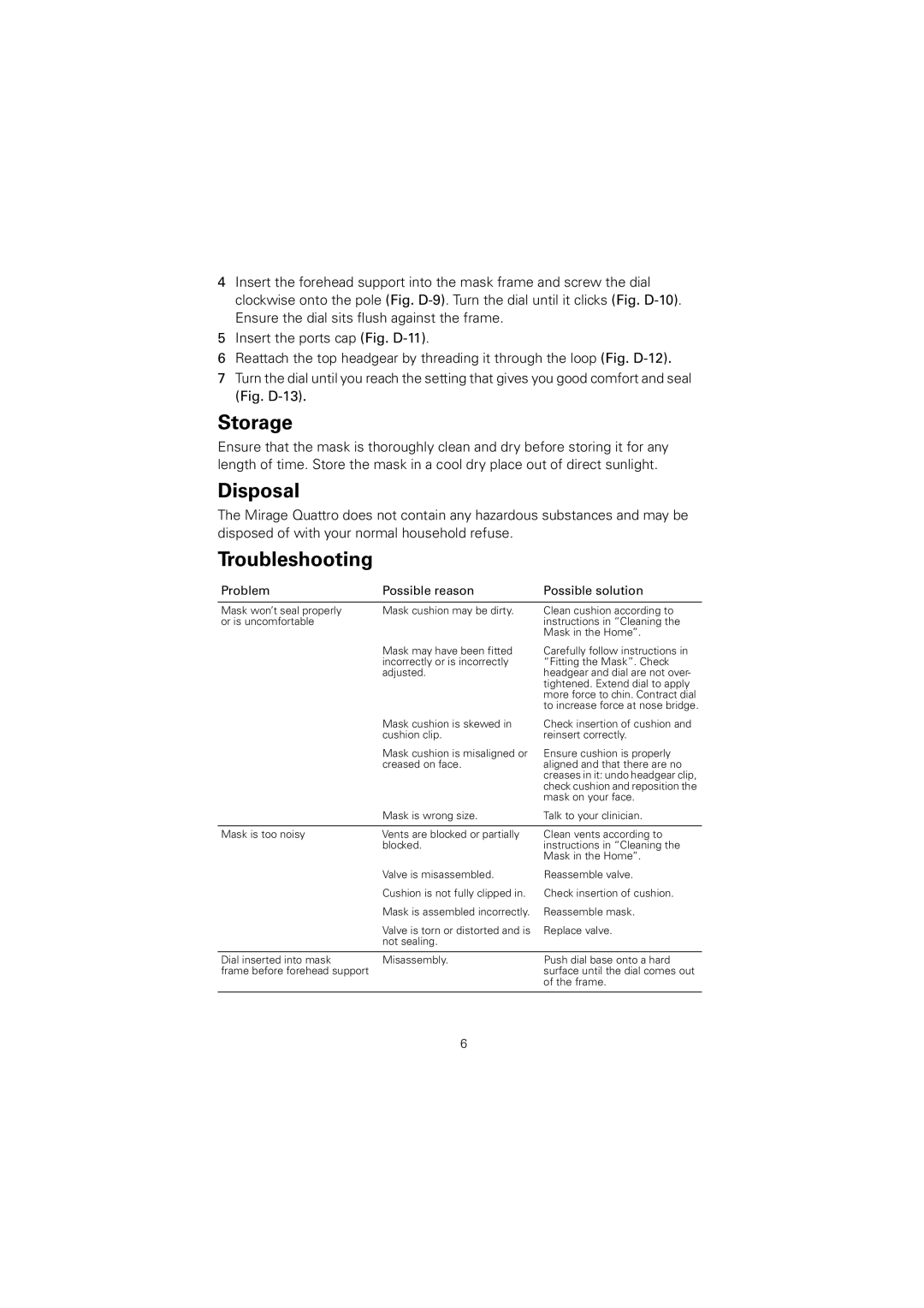 ResMed 61836/2 manual Storage, Disposal, Troubleshooting, Problem Possible reason Possible solution 