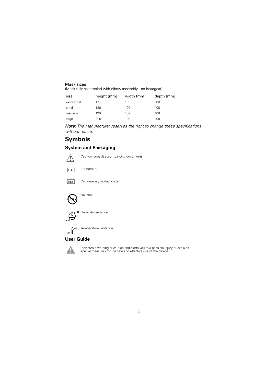 ResMed 61836/2 manual Symbols, Mask sizes 