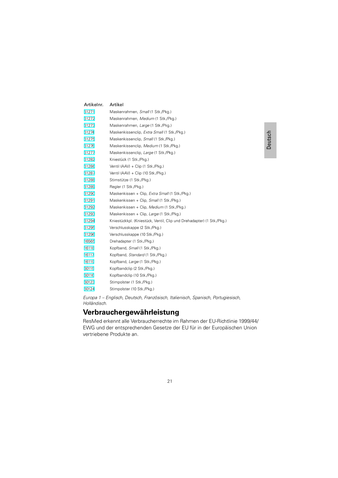 ResMed 61836/2 manual Verbrauchergewährleistung, Artikelnr 