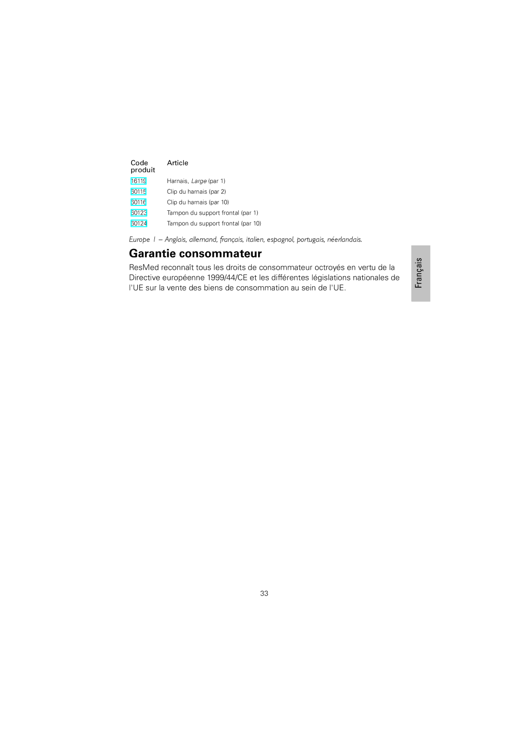 ResMed 61836/2 manual Garantie consommateur 