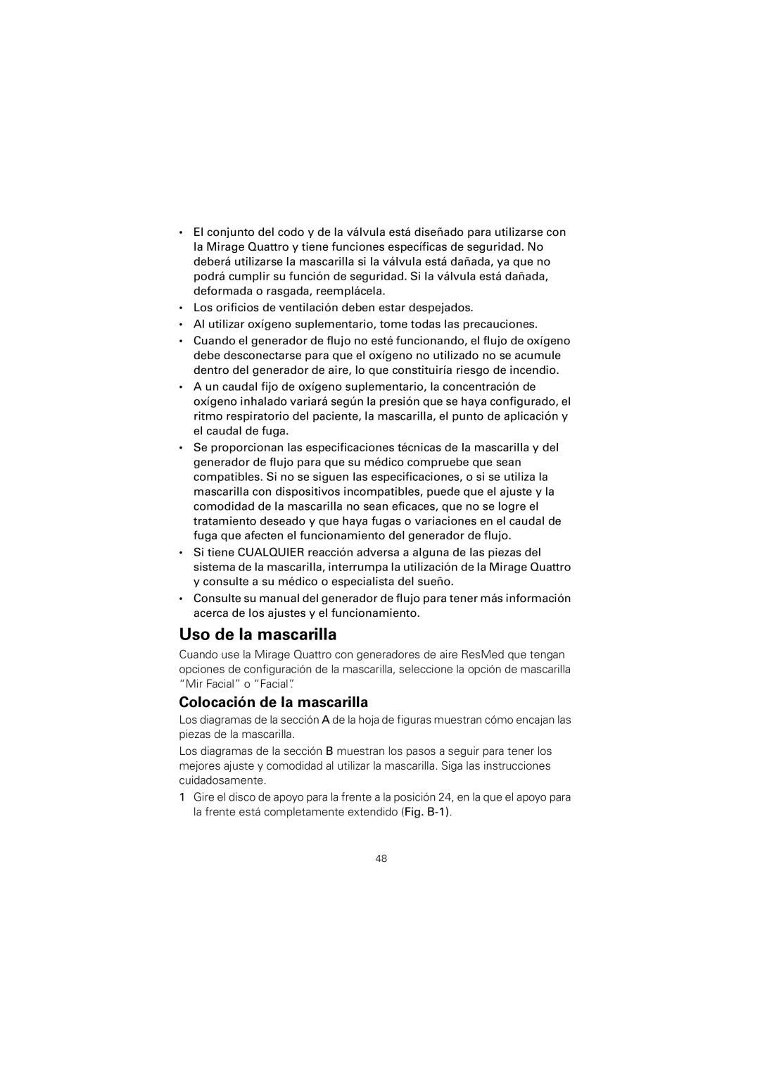 ResMed 61836/2 manual Uso de la mascarilla, Colocación de la mascarilla 