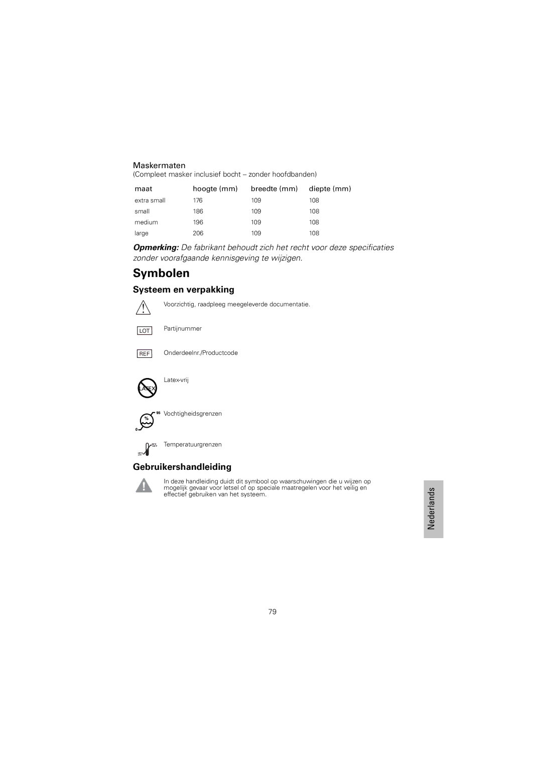 ResMed 61836/2 manual Symbolen, Maskermaten 