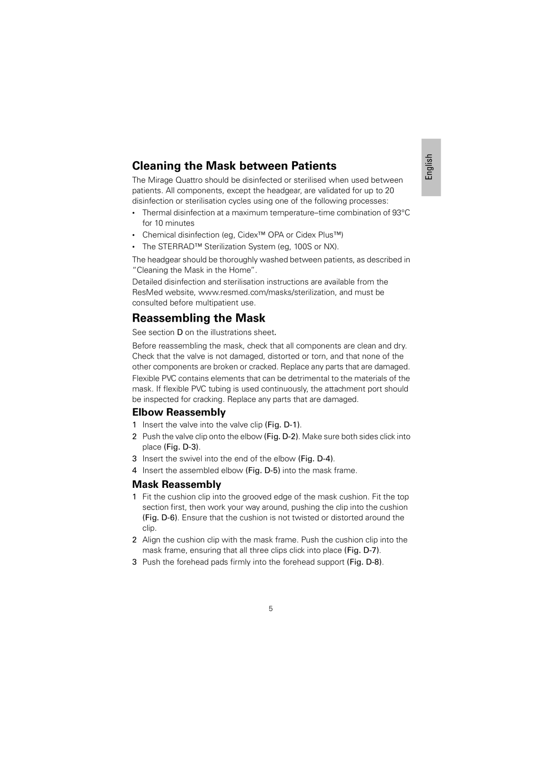 ResMed 61836/2 manual Cleaning the Mask between Patients, Reassembling the Mask, Elbow Reassembly, Mask Reassembly 