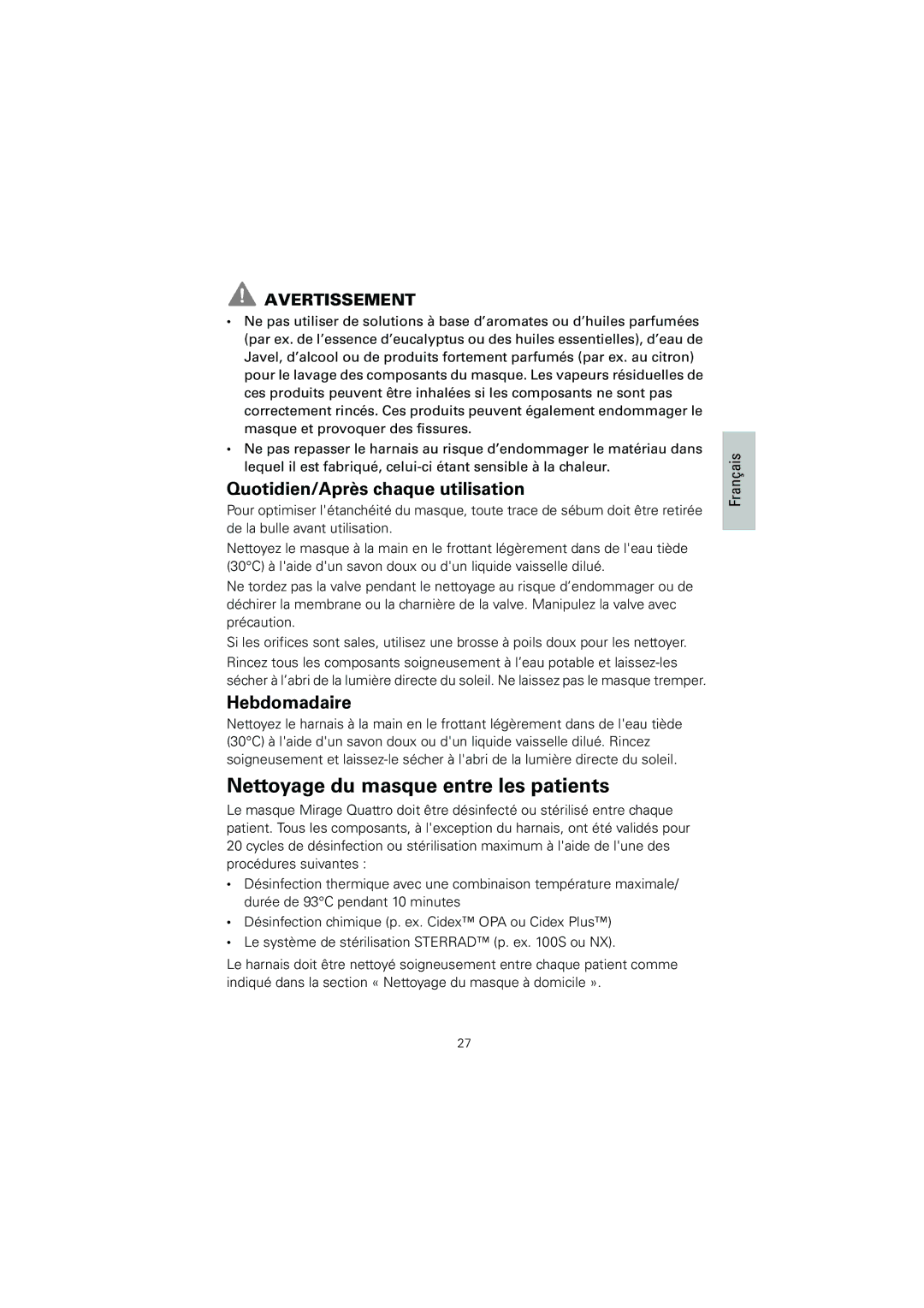 ResMed 618362 Nettoyage du masque entre les patients, Quotidien/Après chaque utilisation, Hebdomadaire, Avertissement 