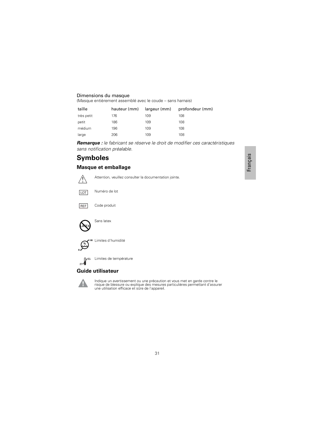 ResMed 618362 manual Symboles, Dimensions du masque 