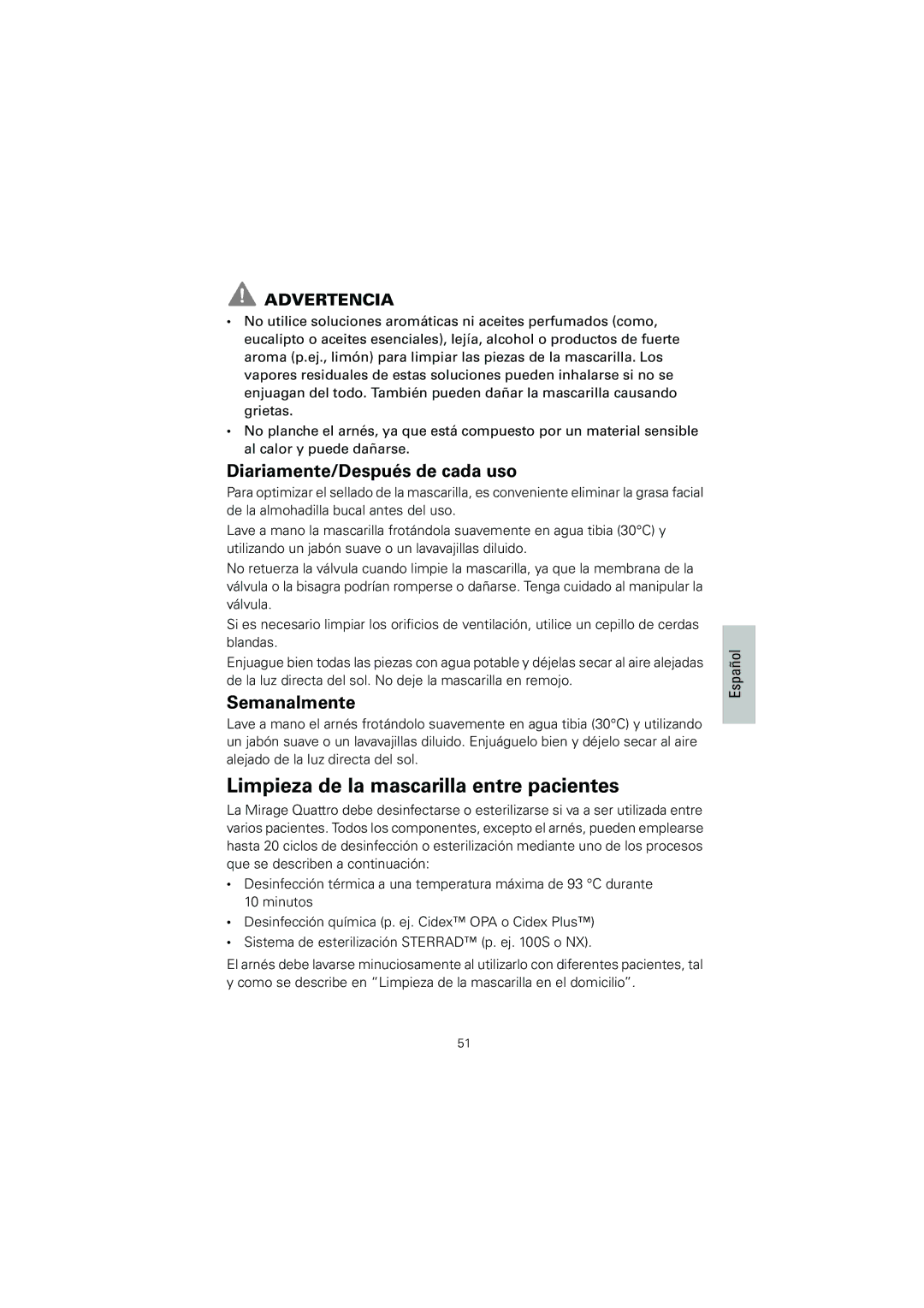 ResMed 618362 manual Limpieza de la mascarilla entre pacientes, Diariamente/Después de cada uso, Semanalmente, Advertencia 