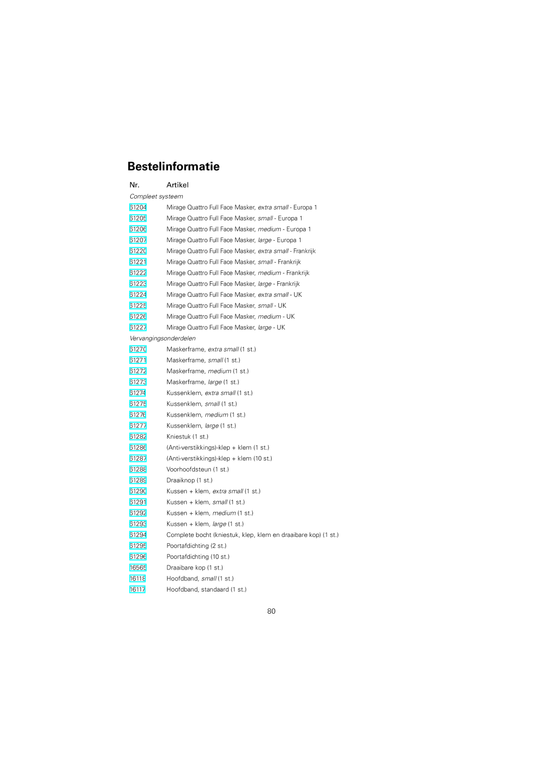 ResMed 618362 manual Bestelinformatie, Nr. Artikel 