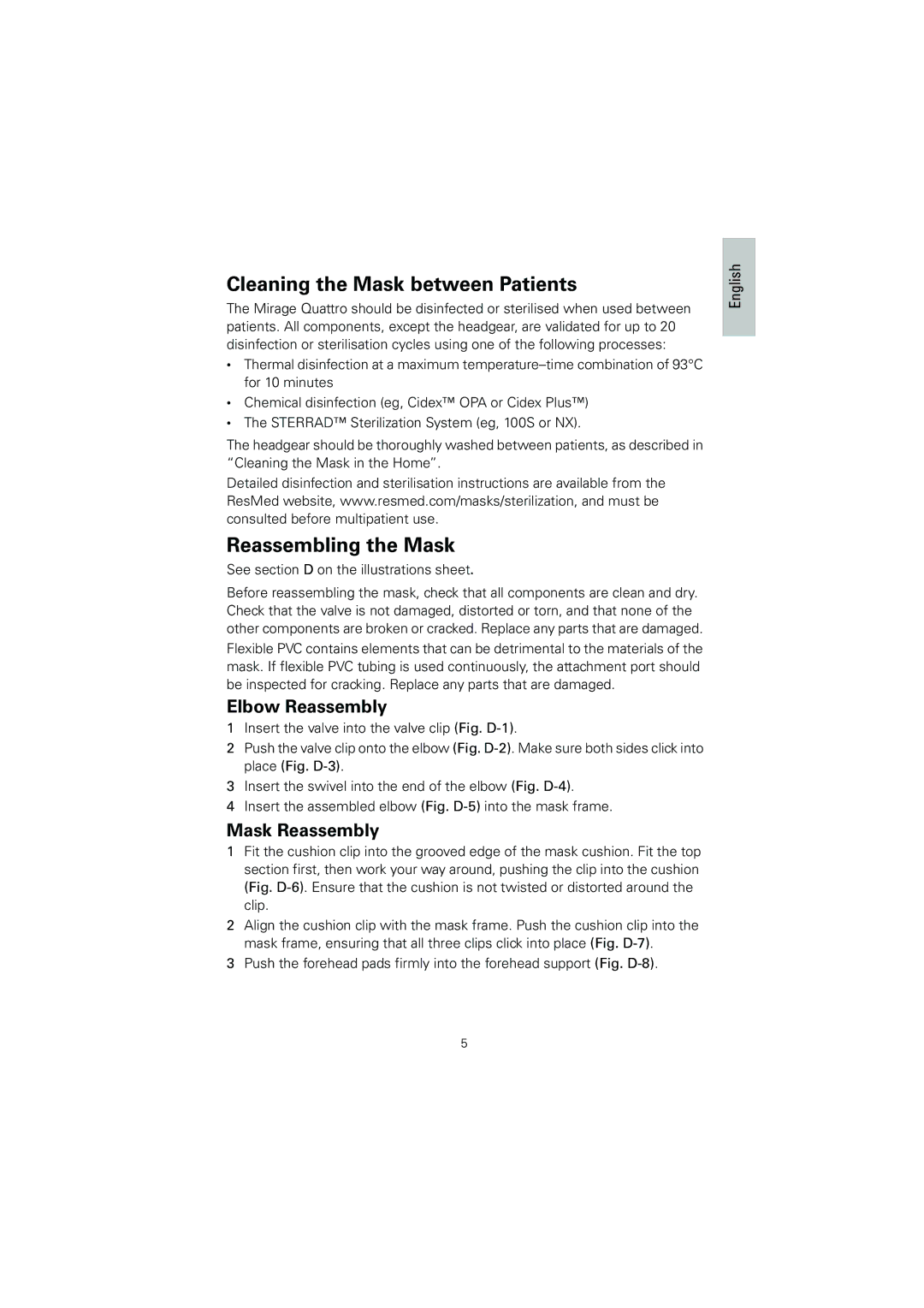 ResMed 618362 manual Cleaning the Mask between Patients, Reassembling the Mask, Elbow Reassembly, Mask Reassembly 