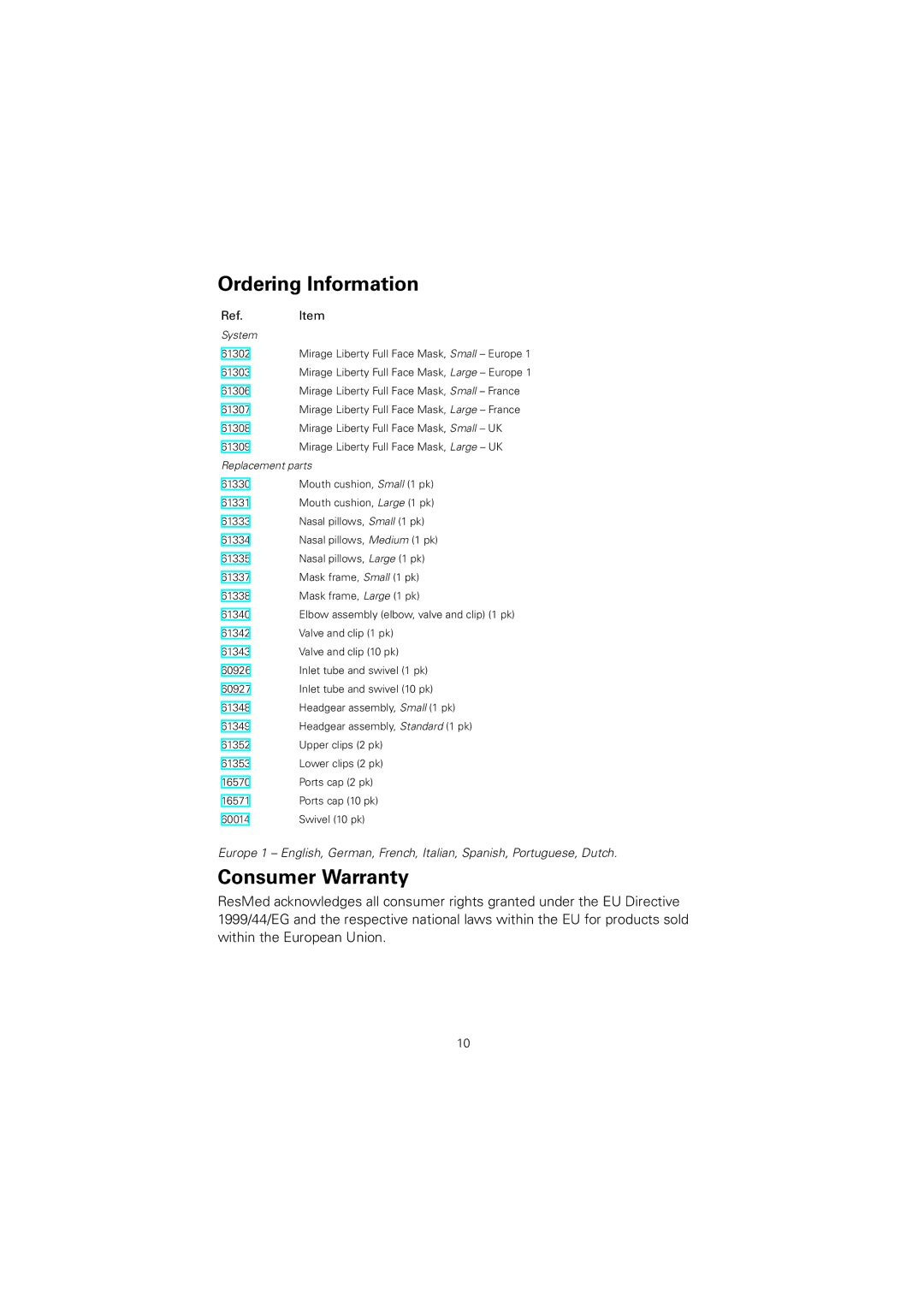 ResMed 61848 manual Ordering Information, Consumer Warranty 