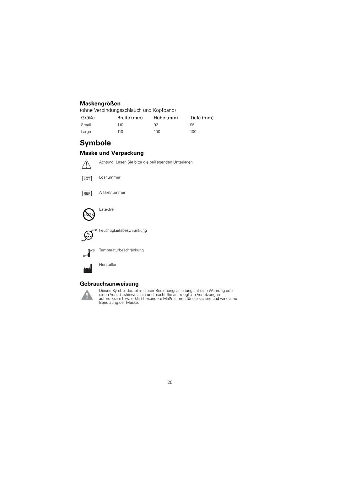 ResMed 61848 manual Symbole, Maskengrößen, Maske und Verpackung, Gebrauchsanweisung, Größe Breite mm Höhe mm Tiefe mm 