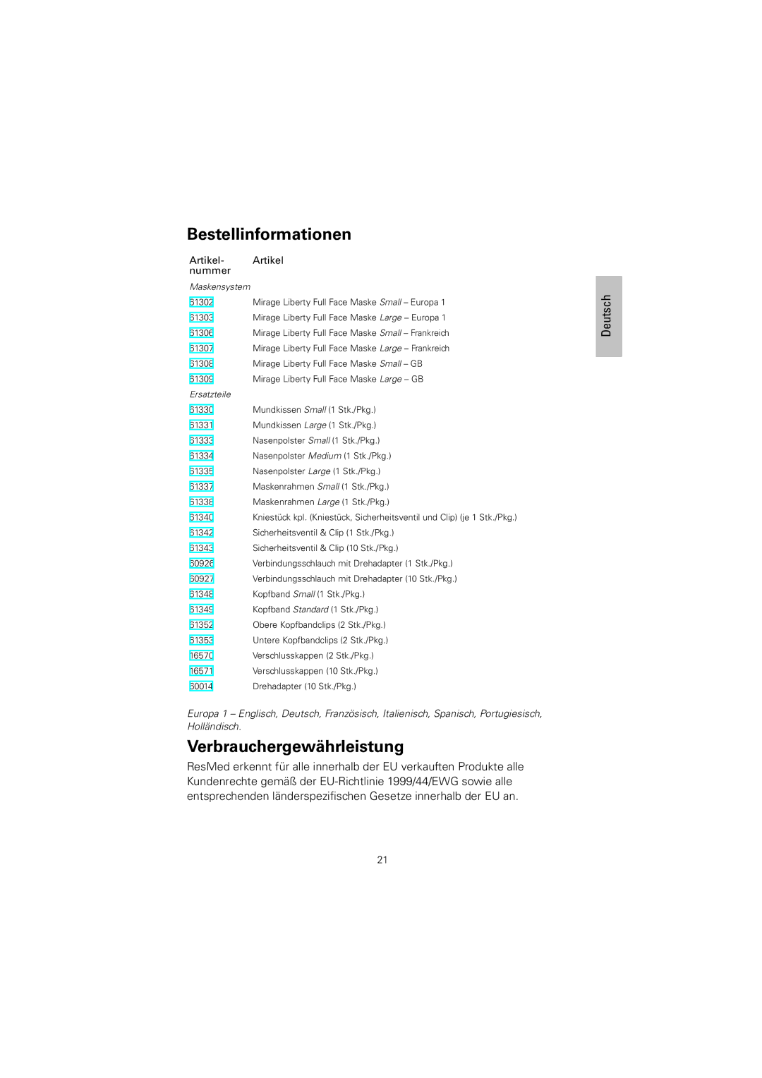 ResMed 61848 manual Bestellinformationen, Verbrauchergewährleistung 