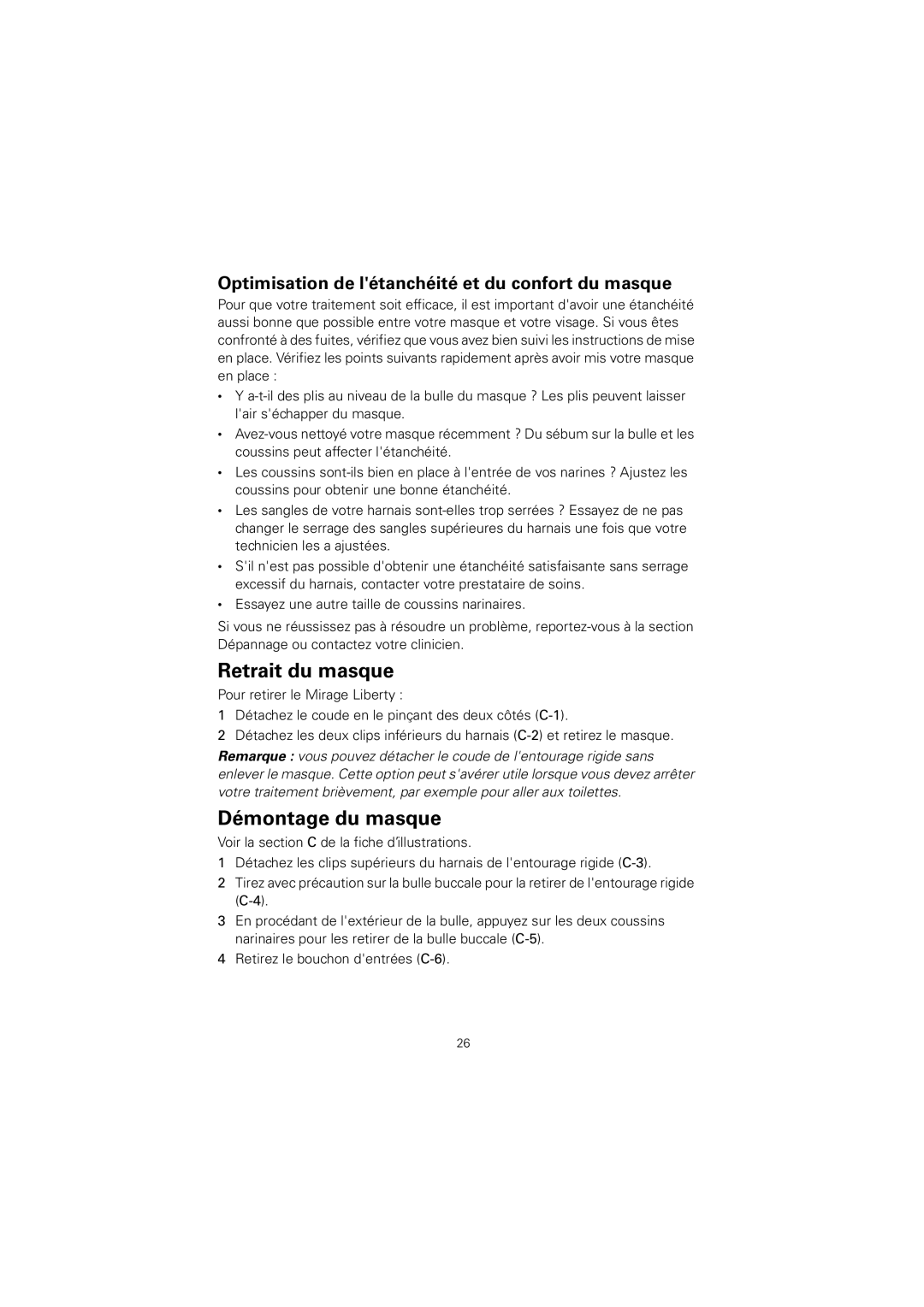 ResMed 61848 manual Retrait du masque, Démontage du masque, Optimisation de létanchéité et du confort du masque 