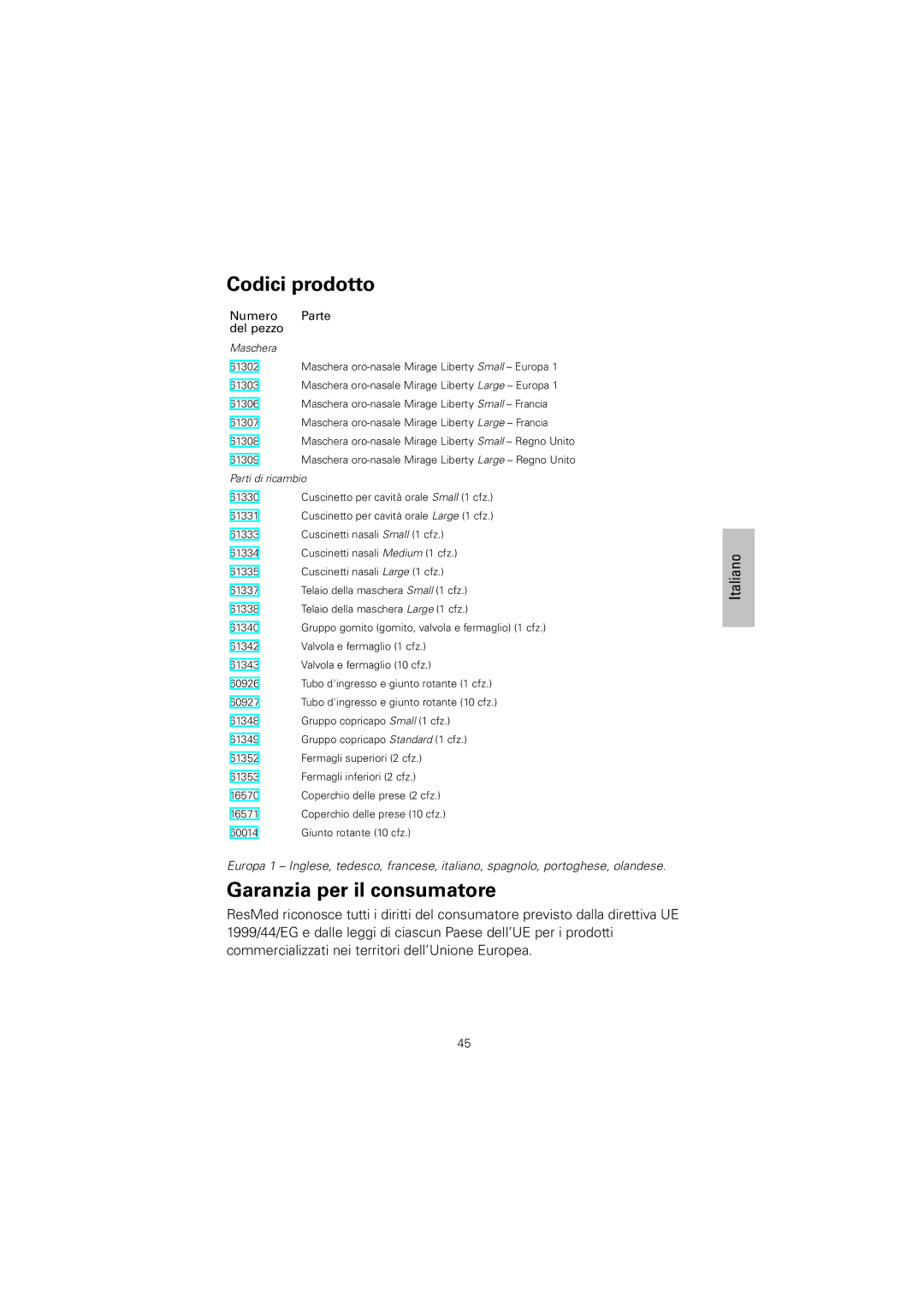 ResMed 61848 manual Codici prodotto, Garanzia per il consumatore 