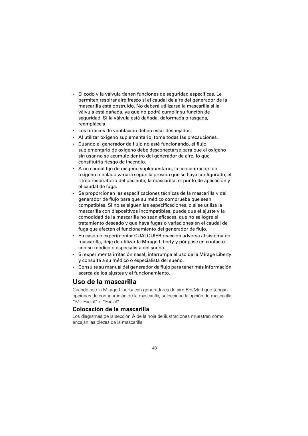 ResMed 61848 manual Uso de la mascarilla, Colocación de la mascarilla 