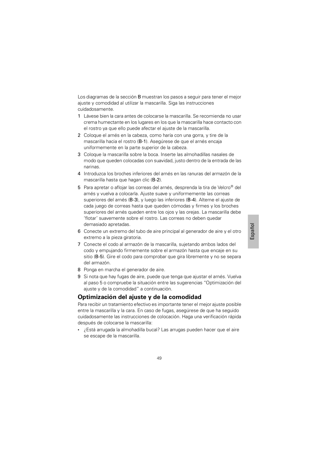 ResMed 61848 manual Optimización del ajuste y de la comodidad 