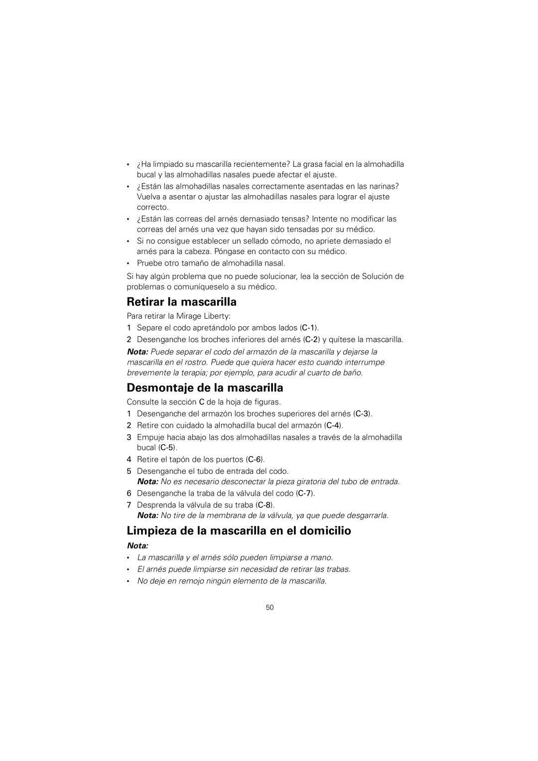 ResMed 61848 manual Retirar la mascarilla, Desmontaje de la mascarilla, Limpieza de la mascarilla en el domicilio 