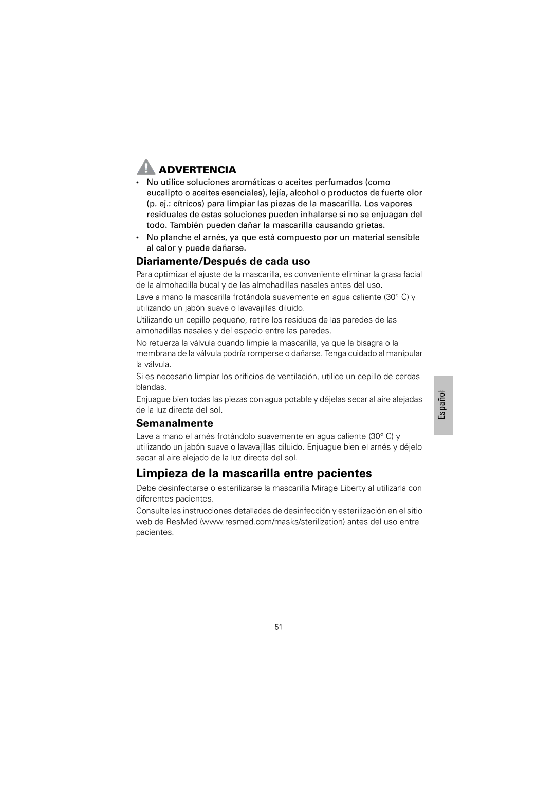 ResMed 61848 manual Limpieza de la mascarilla entre pacientes, Diariamente/Después de cada uso, Semanalmente 