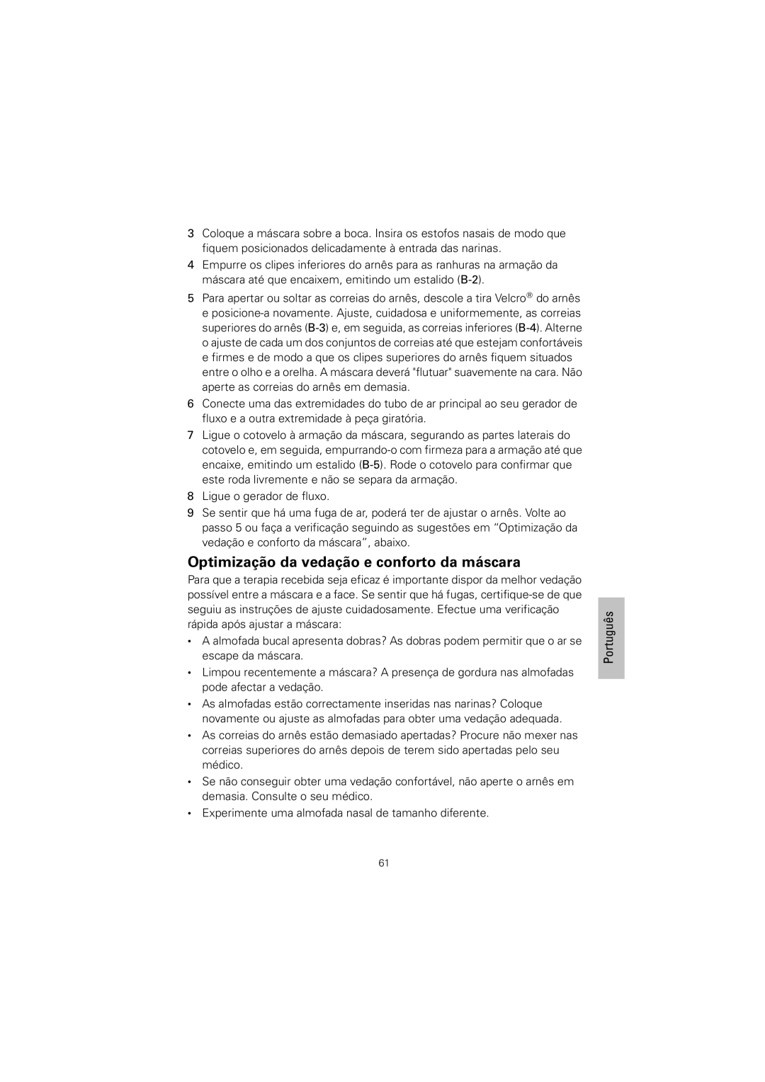 ResMed 61848 manual Optimização da vedação e conforto da máscara 