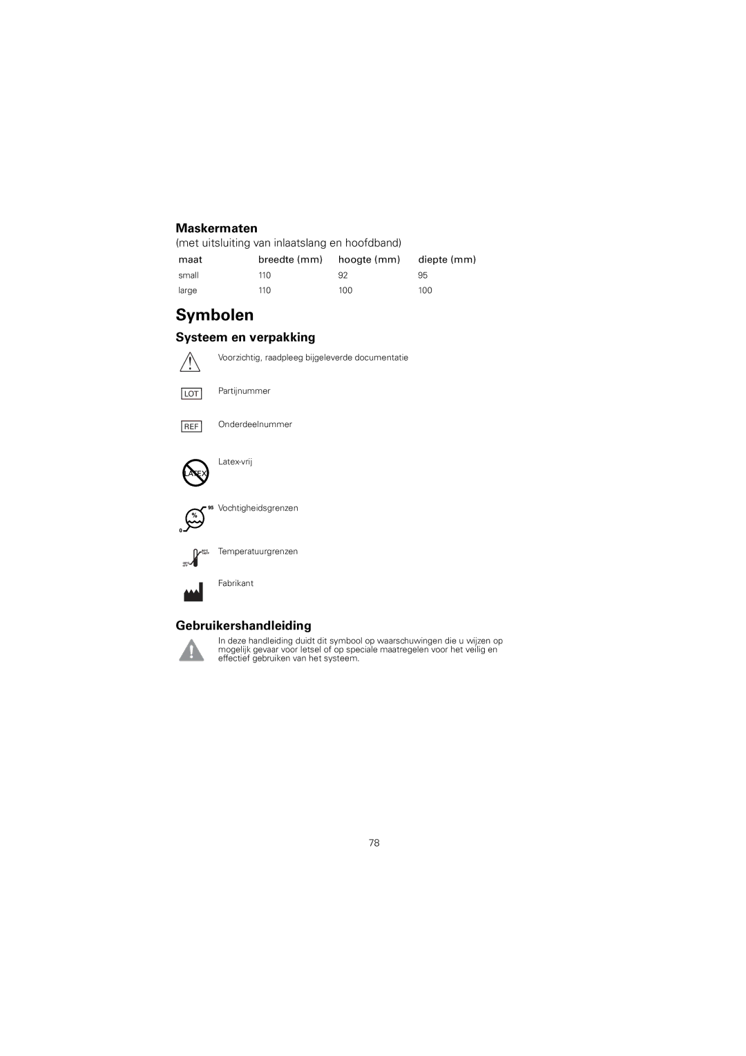 ResMed 61848 Symbolen, Maskermaten, Systeem en verpakking, Gebruikershandleiding, Maat Breedte mm Hoogte mm Diepte mm 