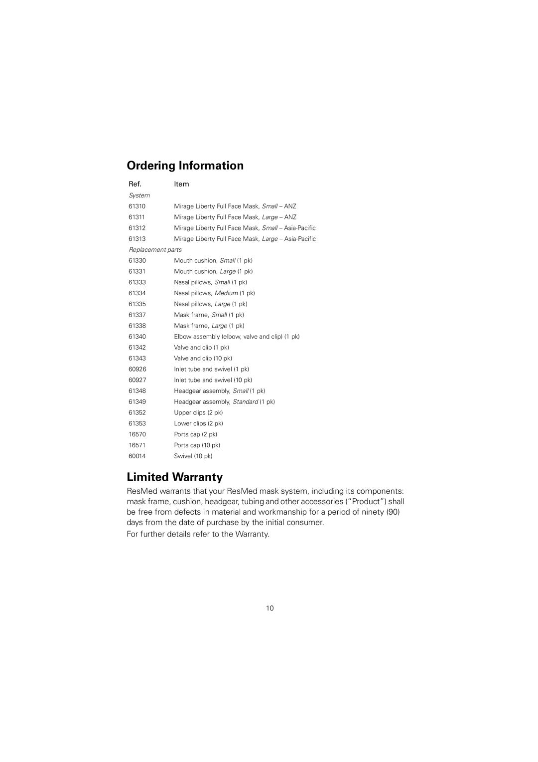 ResMed 61850/2 manual Ordering Information, Limited Warranty 