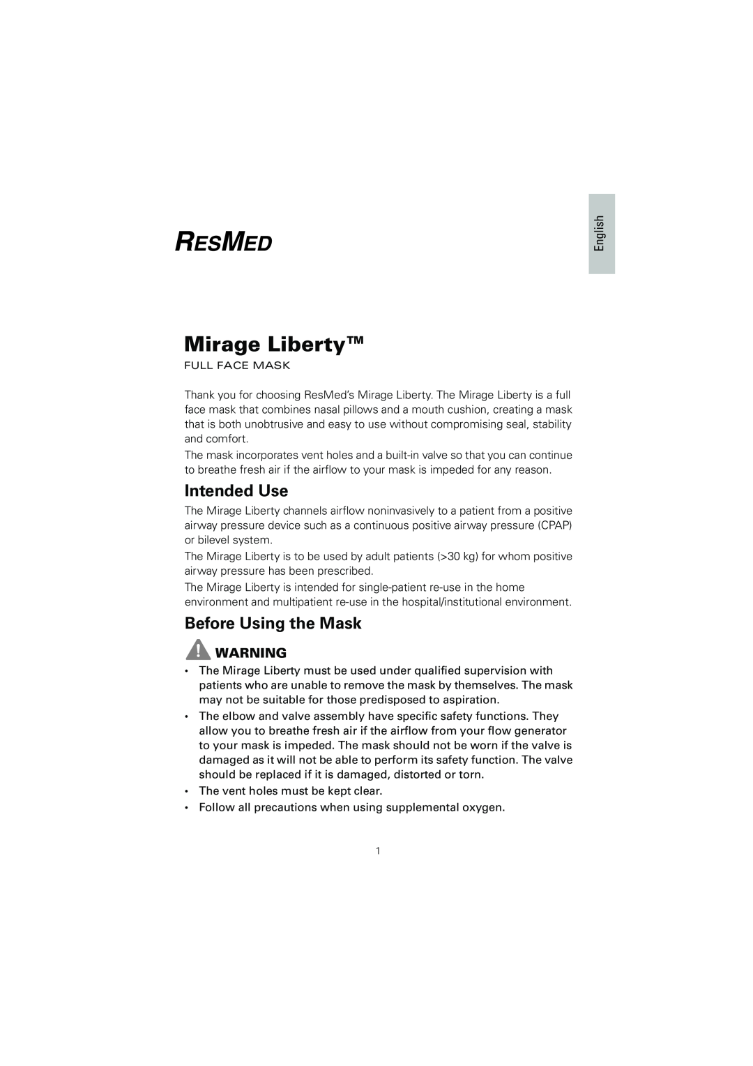 ResMed 61850/2 manual Intended Use, Before Using the Mask, English, Mirage Liberty 