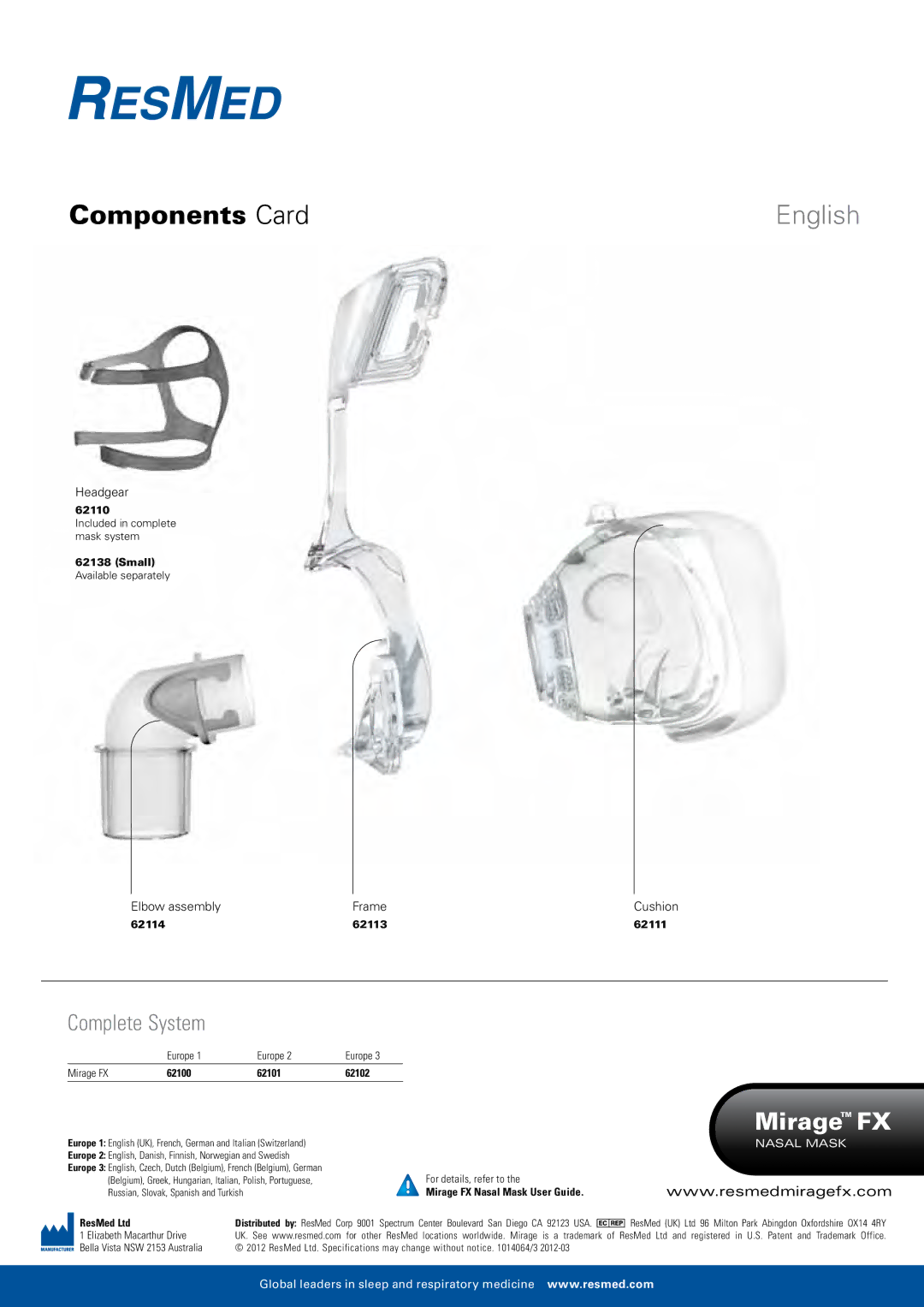 ResMed 62101, 62102, 62100 specifications Components Card, English, MirageTM FX, Nasal Mask 