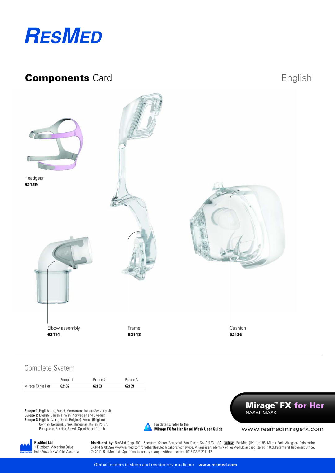 ResMed 62129, 62143, 62114, 62136 specifications Components Card, English, MirageTM FX for Her, Nasal Mask 