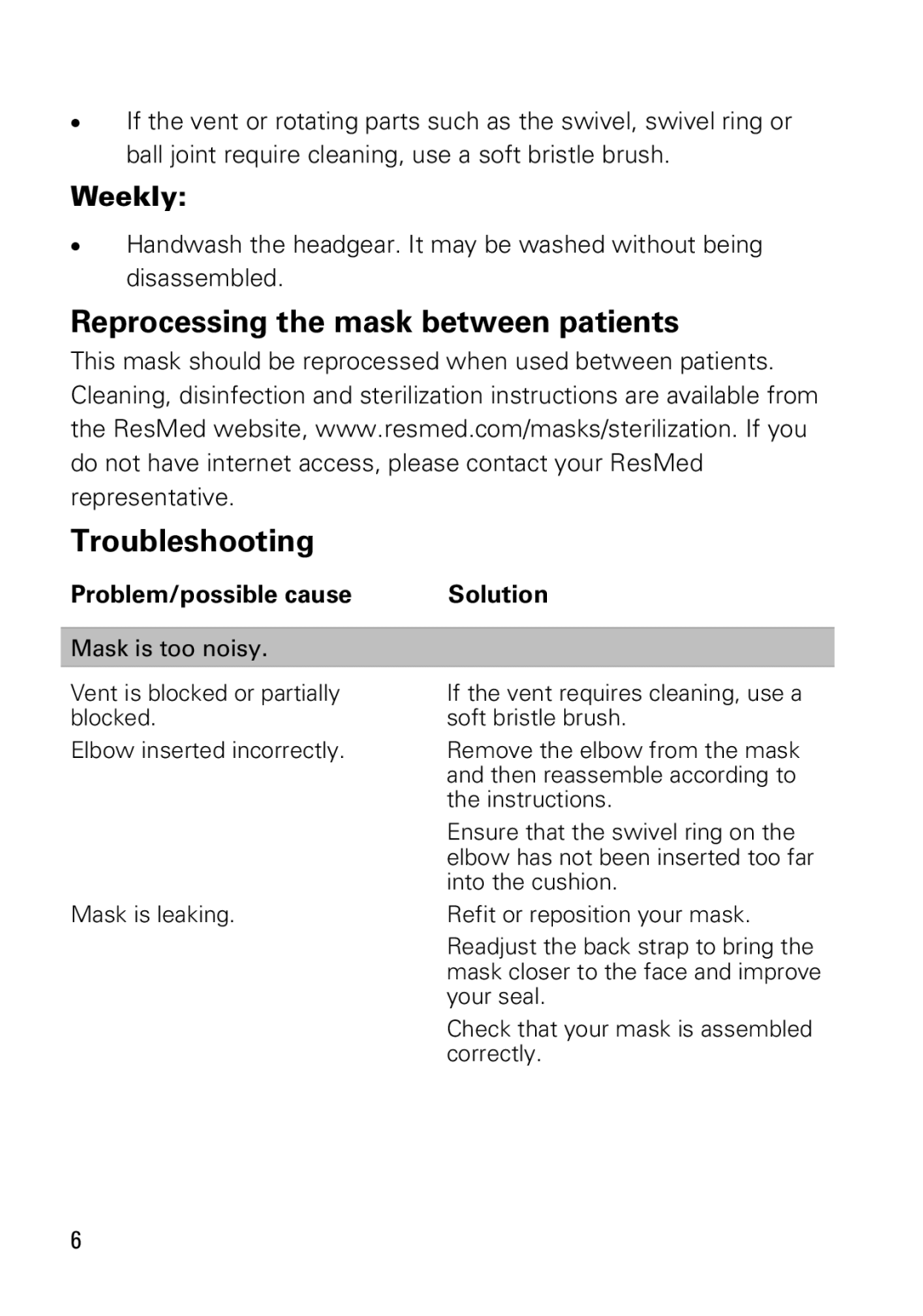 ResMed 628035 manual Reprocessing the mask between patients Troubleshooting, Problem/possible cause Solution 